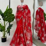 Designer Heavy Georgette Red Color Saree with Sequence work