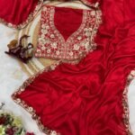 Cherry Red Space Slik With Embroidery Saree