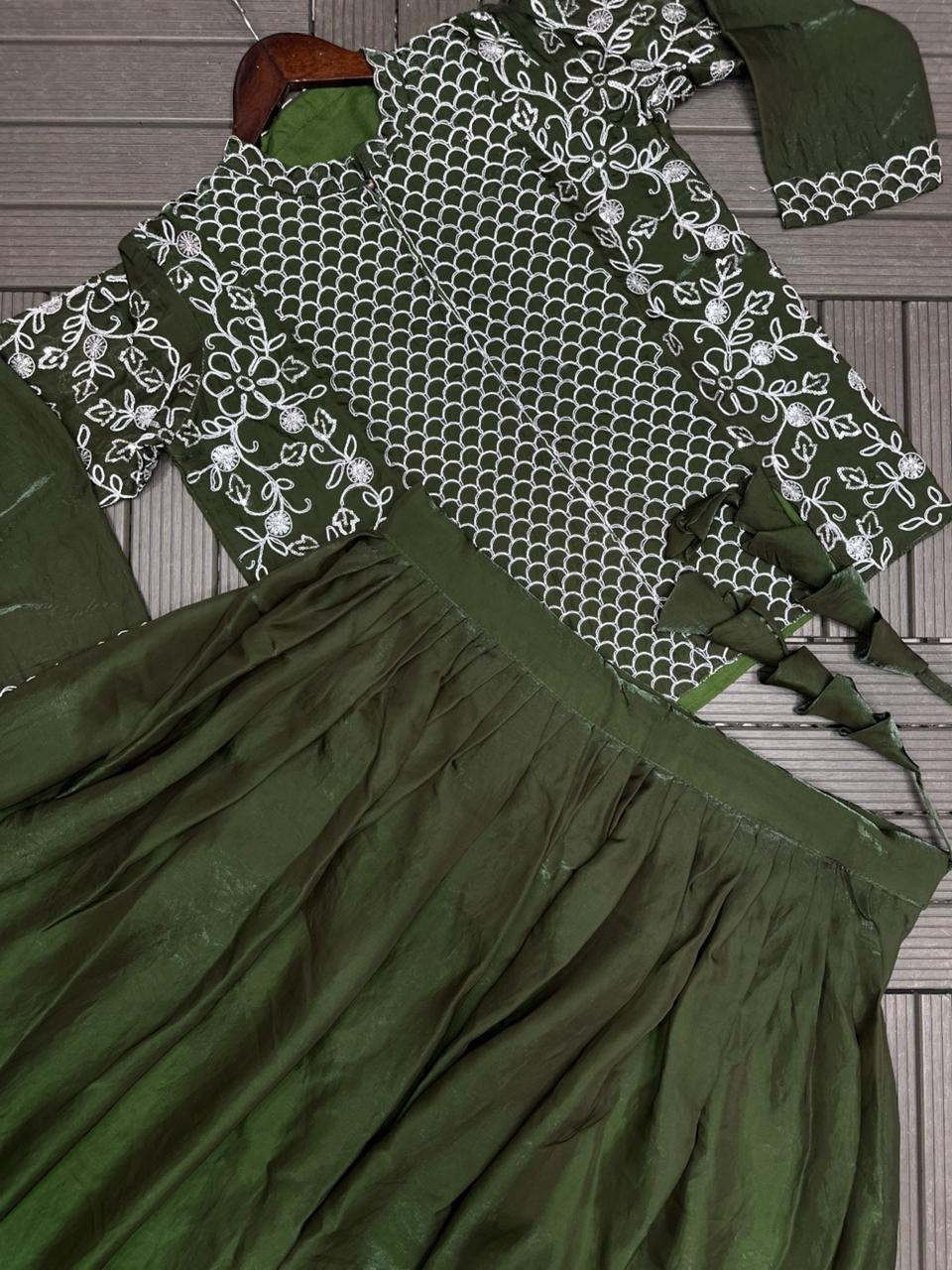 Gorgeous Fendi Satin Kurta Lehenga Dupatta with Heavy Embroidery Detailing - Image 6