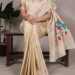 Cream Tissue Paithani With Zari Work Saree